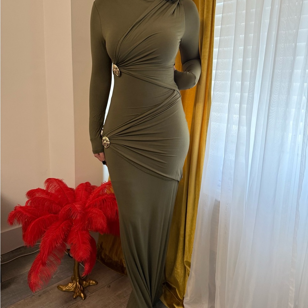 Elegant Long Sleeve Olive Green Dress